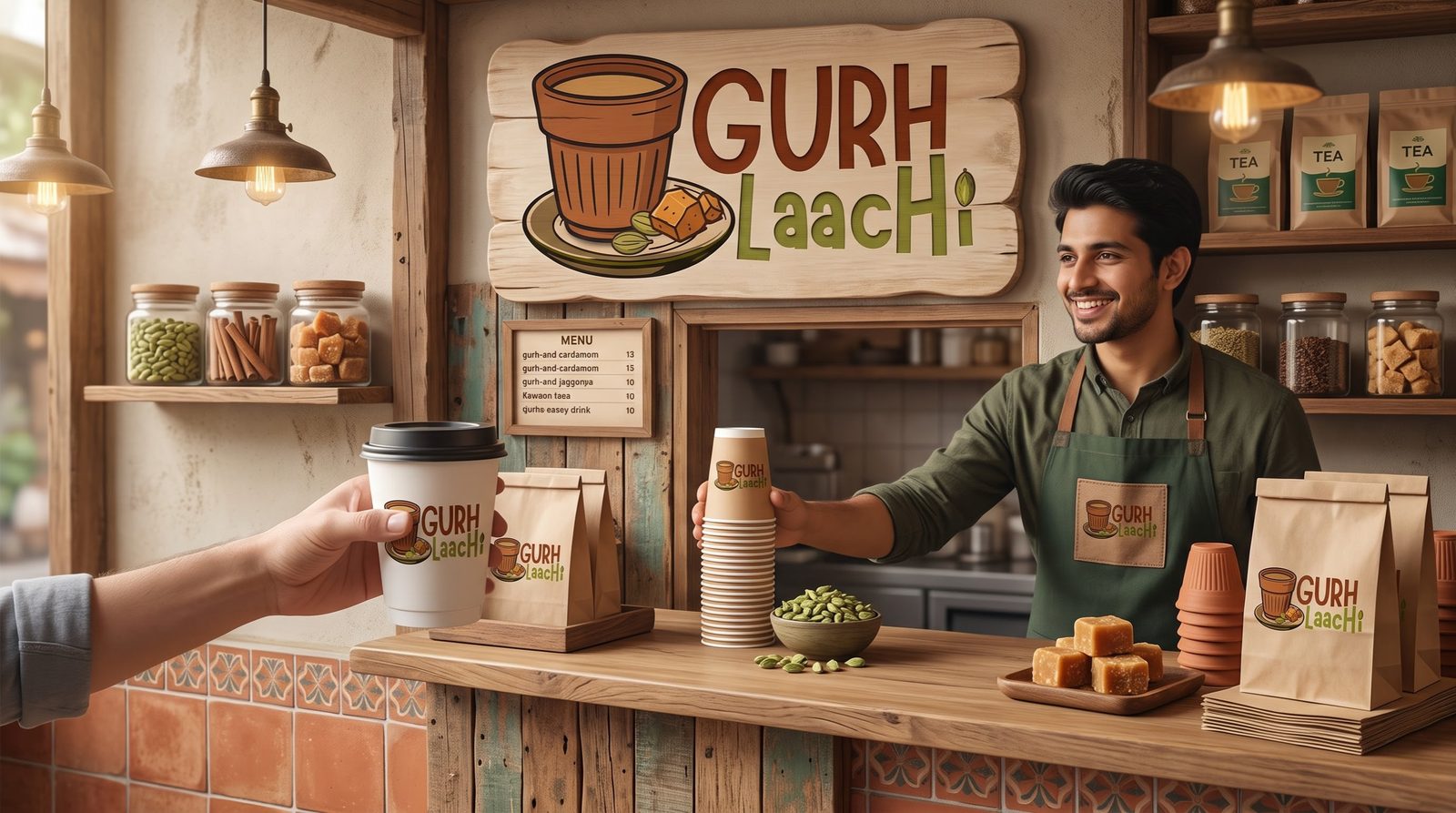 A cup of chai handed over at the counter